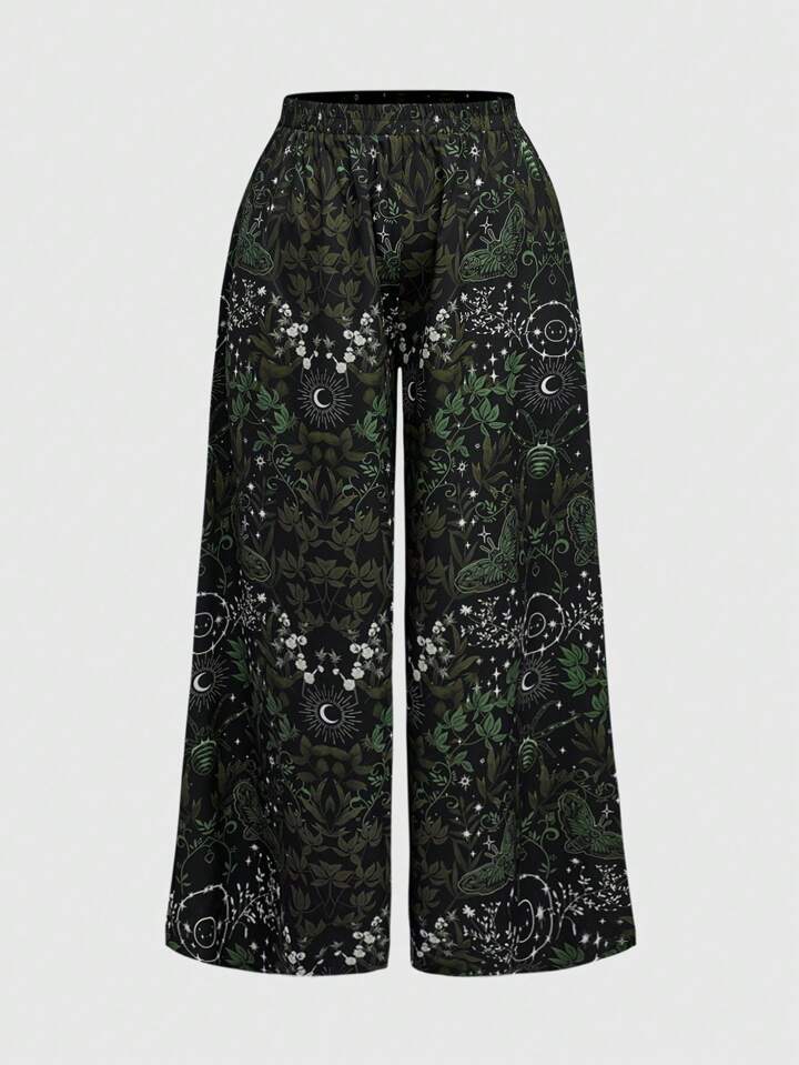Fairycore Hippie Bohemian Style Loose Straight Leg Wide Leg Elastic Waist Pants, Plus Size