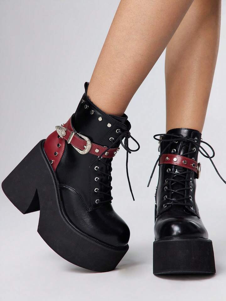 Women's Punk Style Gothic Round Toe Side Zipper Rivet Buckle Thick Heel Lace-Up Boots, Fashionable And Comfortable Short Boots For Christmas