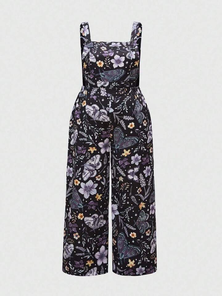 Plus Size Women Fairycore Butterfly & Floral All-Over Print Camisole & Wide Leg Pants