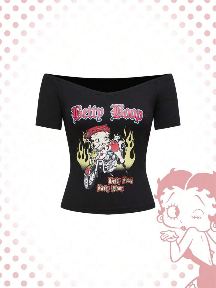 Betty Boop | ROMWE Letter & Cartoon Figure Graphic Off Shoulder Casual Short Sleeve T-Shirt