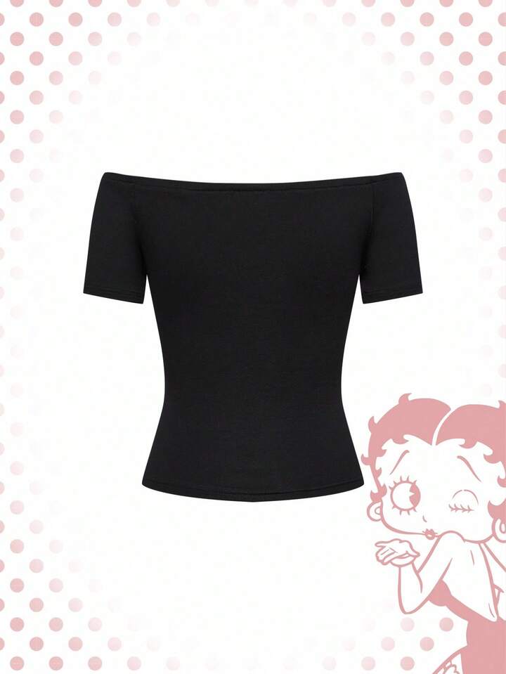Betty Boop | ROMWE Letter & Cartoon Figure Graphic Off Shoulder Casual Short Sleeve T-Shirt 2 Betty Boop | ROMWE Letter & Cartoon Figure Graphic Off Shoulder Casual Short Sleeve T-Shirt