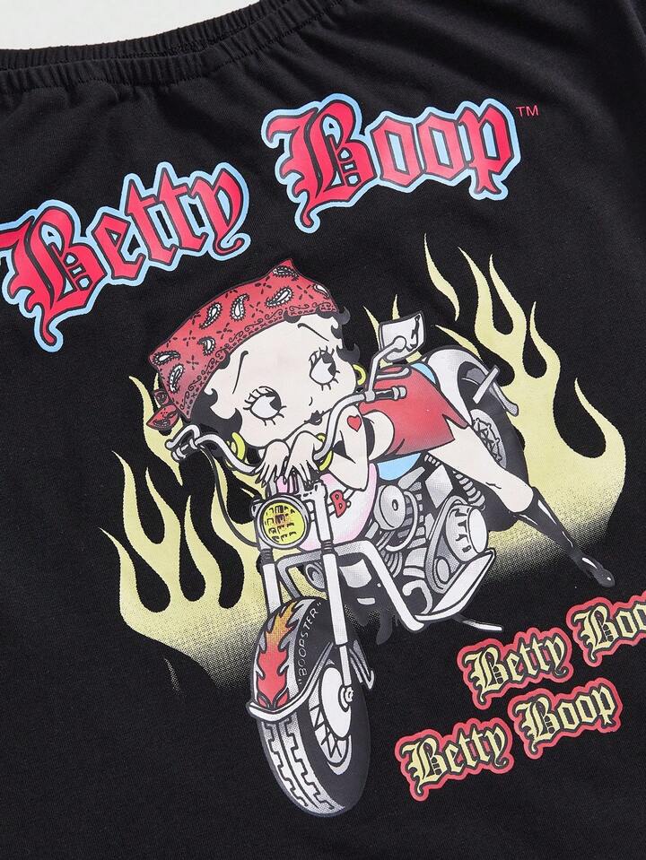 Betty Boop | ROMWE Letter & Cartoon Figure Graphic Off Shoulder Casual Short Sleeve T-Shirt 3 Betty Boop | ROMWE Letter & Cartoon Figure Graphic Off Shoulder Casual Short Sleeve T-Shirt