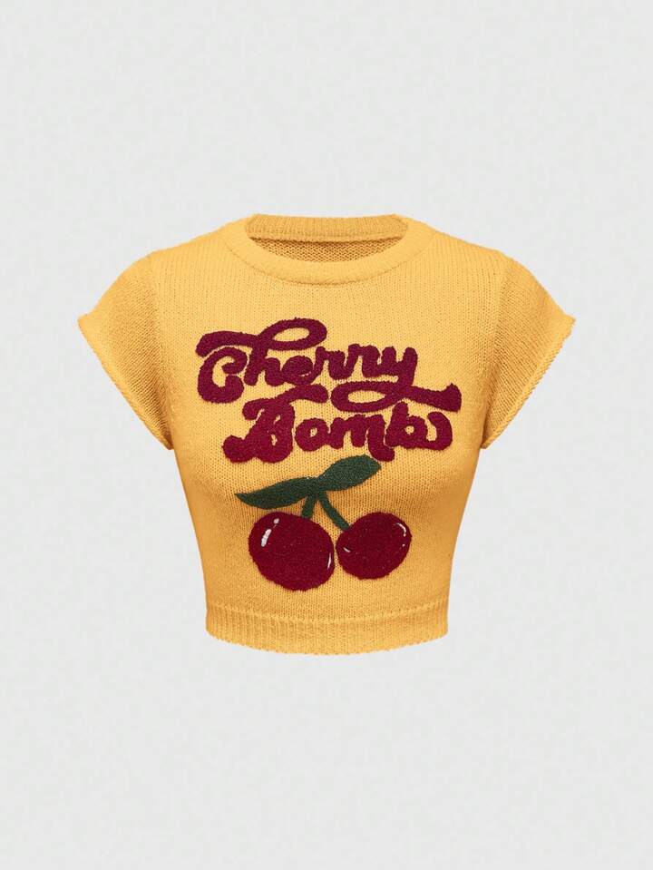 Kawaii Cute & Innocent Collegiate Style Cherry Embroidered High Neck Lantern Sleeve Women Sweater