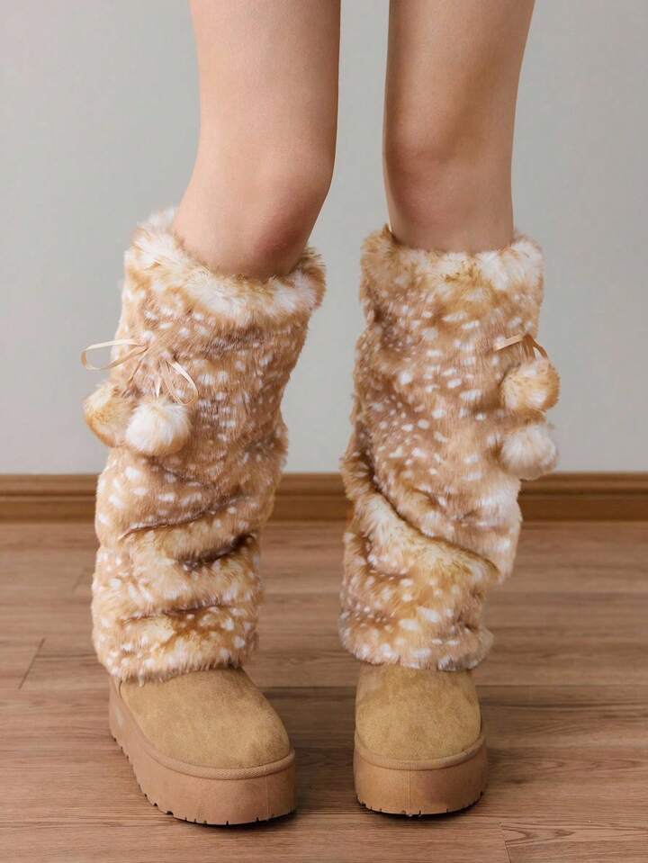 Fairycore 1 Pair Cute Fluffy Deer Design Leg Warmers, Y2K Fuzzy Pom Pom Thick Oversized Leg Warmers, Fashionable Slim Fit, Suitable For Everyday, Autumn/Winter, Holidays & Parties