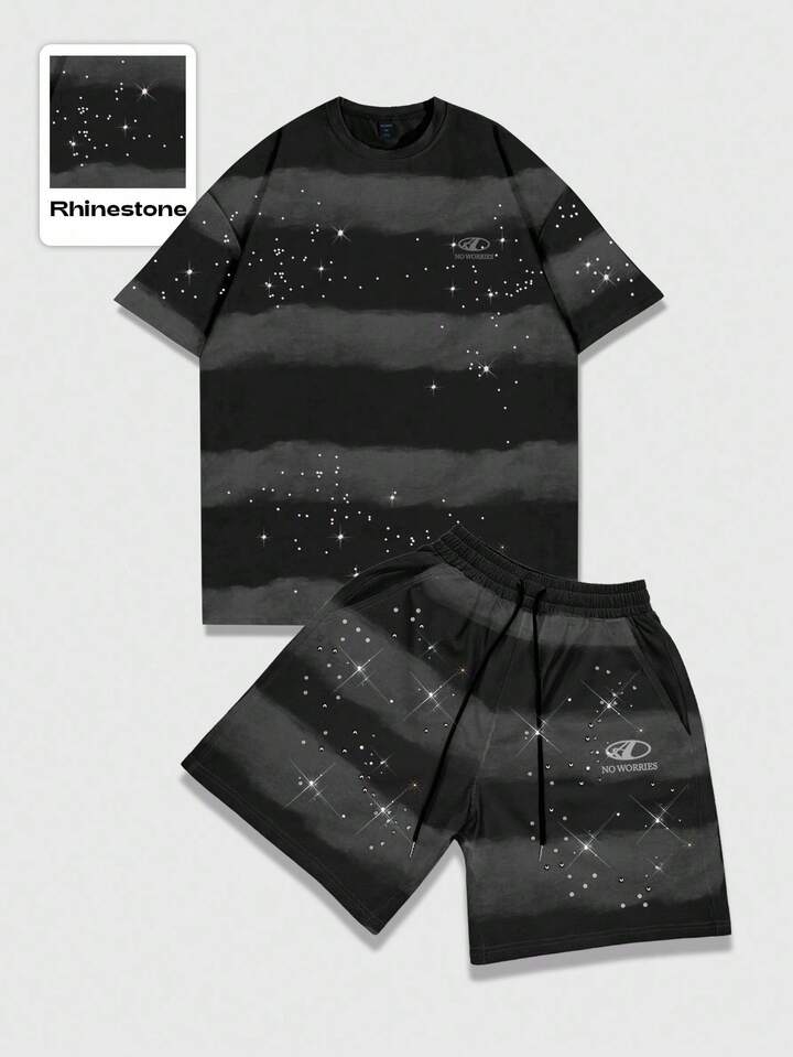Street Life 2pcs Striped Short Sleeve Crew Neck T-Shirt And Shorts Set, Rhinestone Design