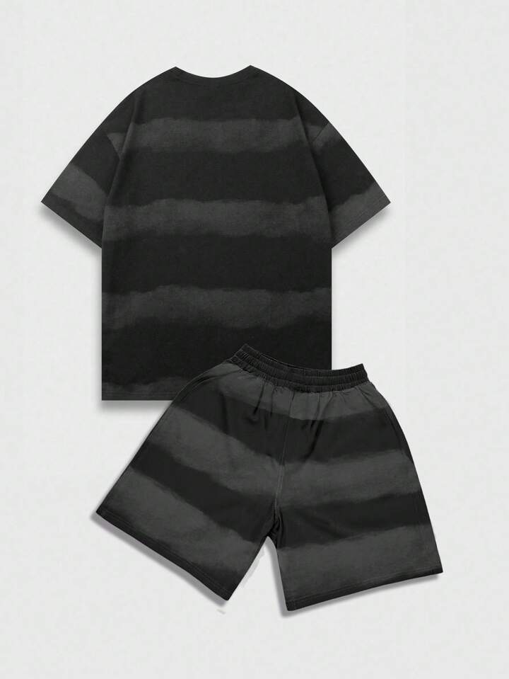 Street Life 2pcs Striped Short Sleeve Crew Neck T-Shirt And Shorts Set, Rhinestone Design