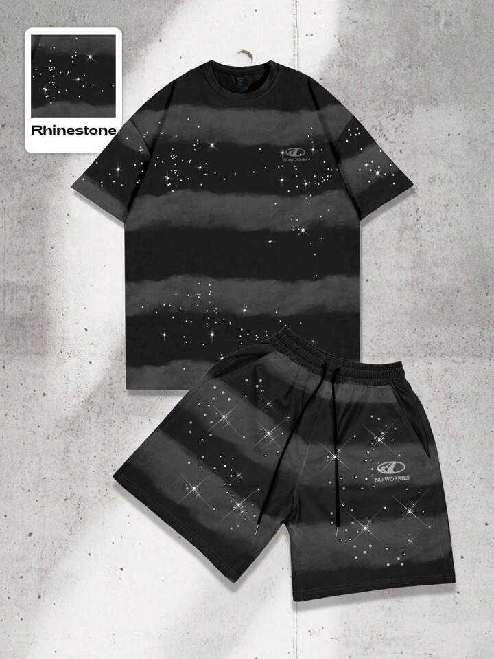 Street Life 2pcs Striped Short Sleeve Crew Neck T-Shirt And Shorts Set, Rhinestone Design