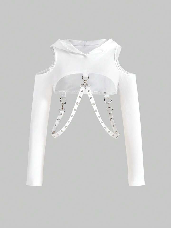 Grunge Punk Women's Cropped Sweatshirt With Eyelet Chain Patchwork