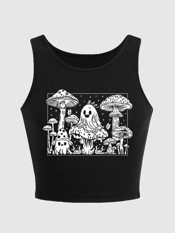Fairycore Cartoon Mushroom Pattern Crop Tank Top, Plus Size