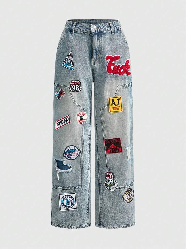 ROMWE Avant Women's Y2K Retro Streetwear Style Slogan Logo Embroidered Drawstring Waist Loose Wide Leg Pants