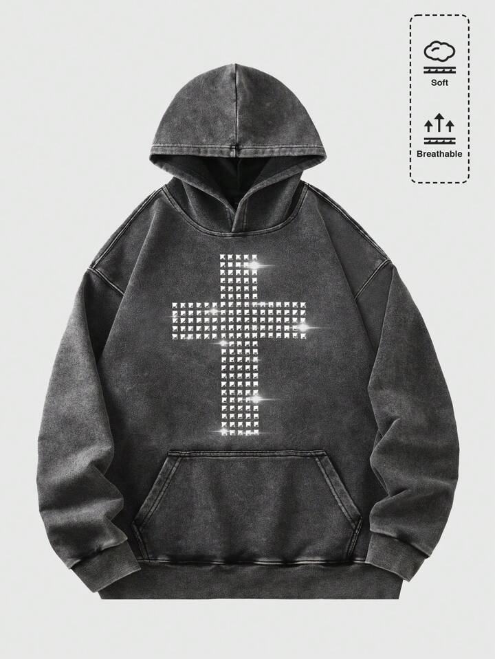 Men's Cross & Square Rhinestone Decor Long Sleeve Pocket Casual Hoodie