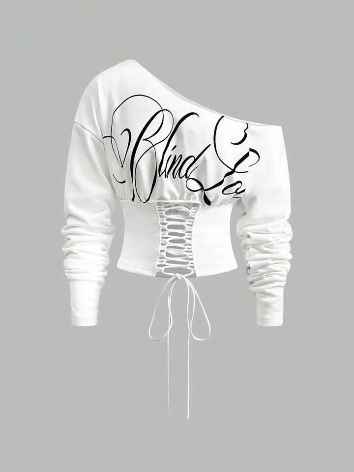 ROMWE Avant Casual Streetwear Graphic Oblique Shoulder Cropped Loose Sweatshirt