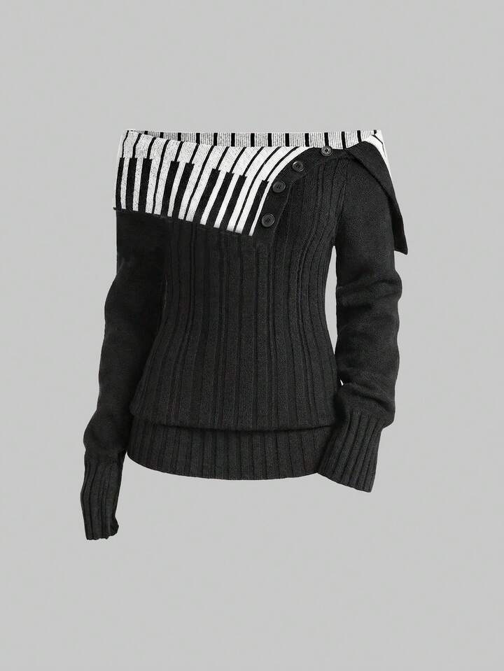 Women's Y2K Girly Purity Off Shoulder Piano Jacquard Pattern Turndown Collar Cinched Waist Cable Knit Sweater