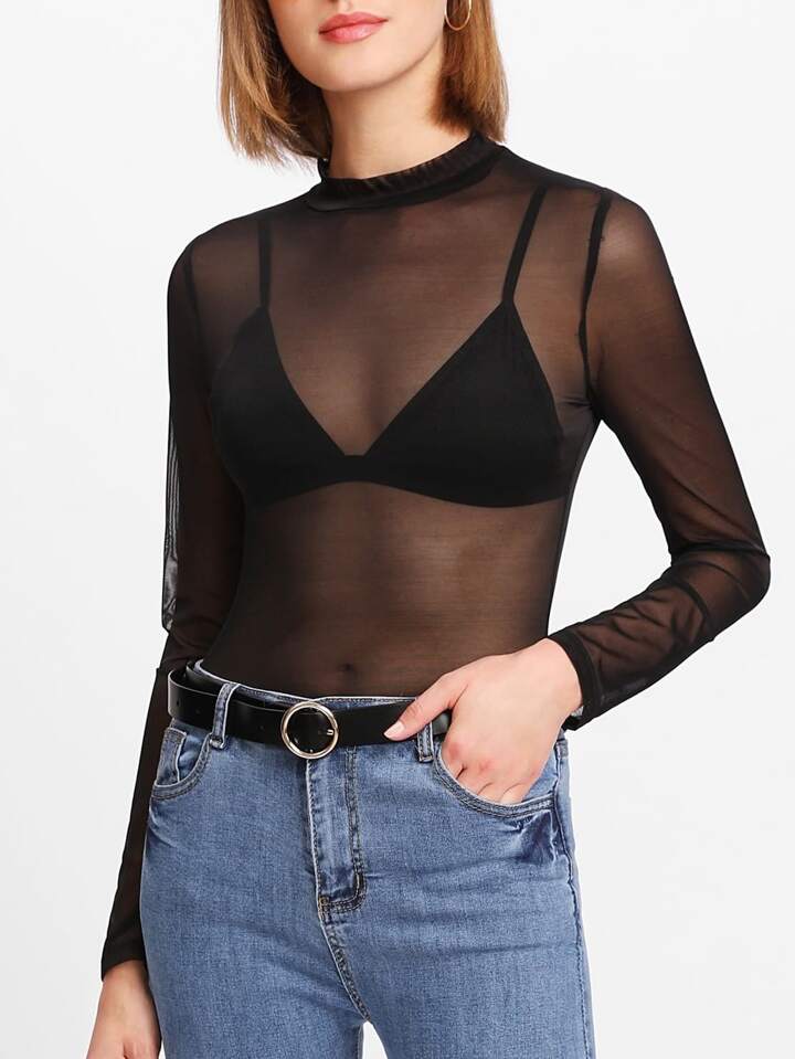Sheer Mesh Mock Neck Top, Going Out Top