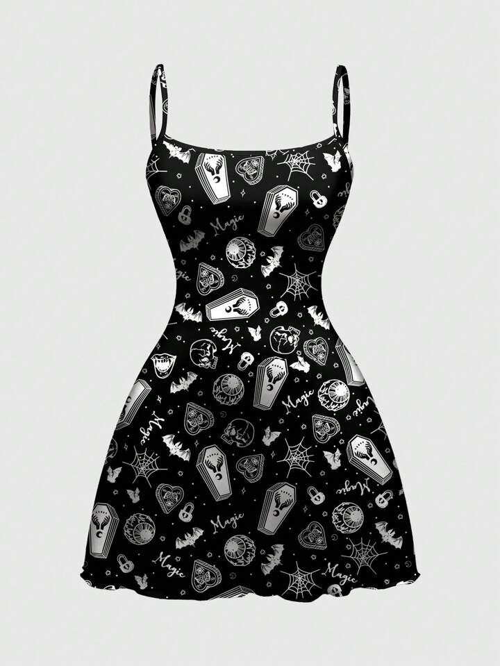 Gothic Coffin, Bat, Eyeball, Dark Lock Print Camisole Nightgown, Casual Sleepwear