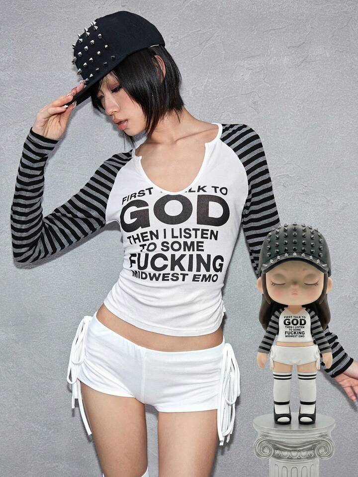 ROMWE Avant Women's Retro Punk Pioneer Hot Girl Colorblock Striped Patchwork Letter Logo Print Long Sleeve T-Shirt
