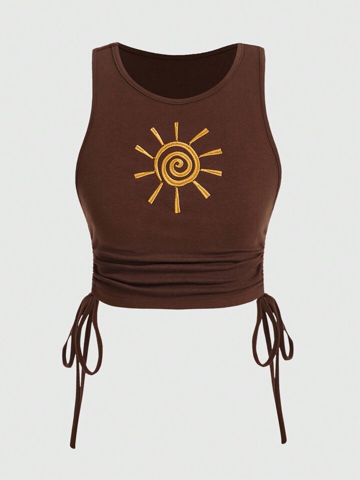 Hippie Plus Size Summer Casual Sun Embroidery Side Drawstring Tank Top