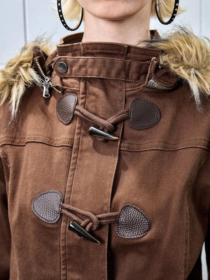 ROMWE Avant Vintage Cowgirl Style Faux Horn Button Frayed Hem Hooded Denim Jacket For Women