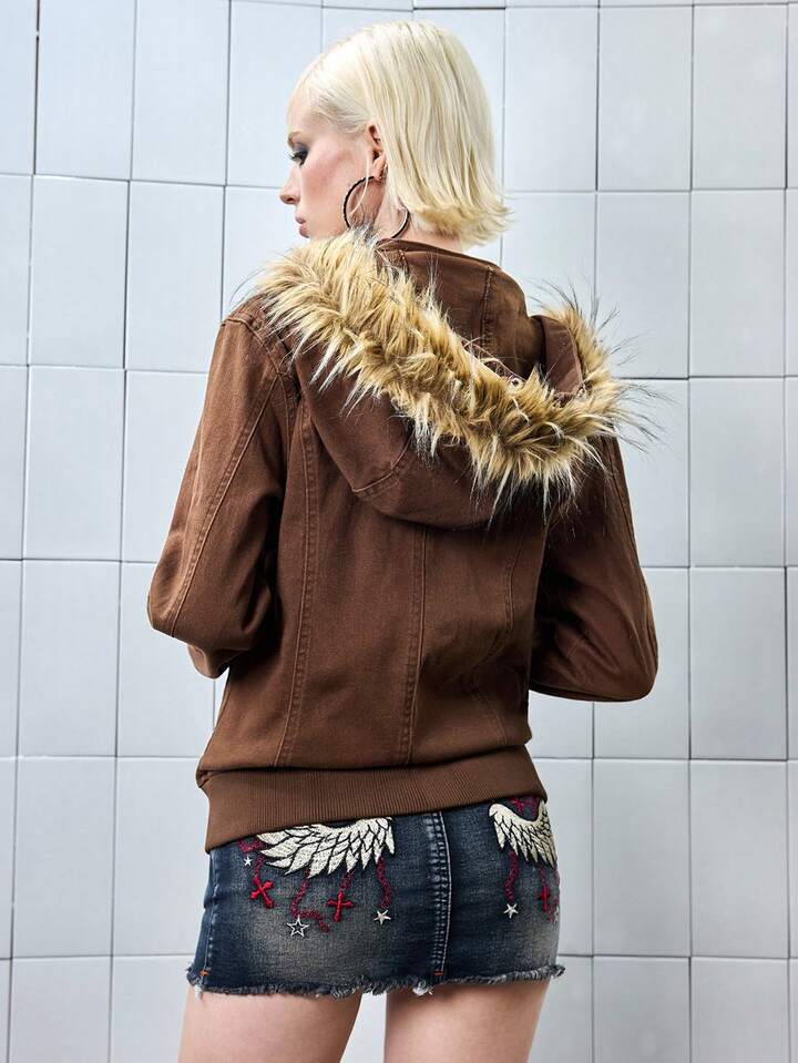 ROMWE Avant Vintage Cowgirl Style Faux Horn Button Frayed Hem Hooded Denim Jacket For Women