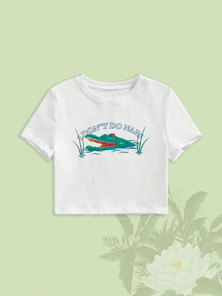 The White Lotus Women's Casual Crocodile & Slogan Print Short Sleeve White T-Shirt For Summer
