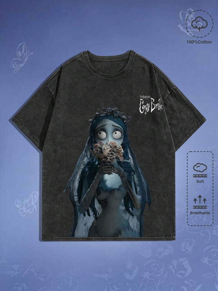 Corpse Bride | ROMWE Men's Vintage Washed Corpse Bride Print Short Sleeve T-Shirt