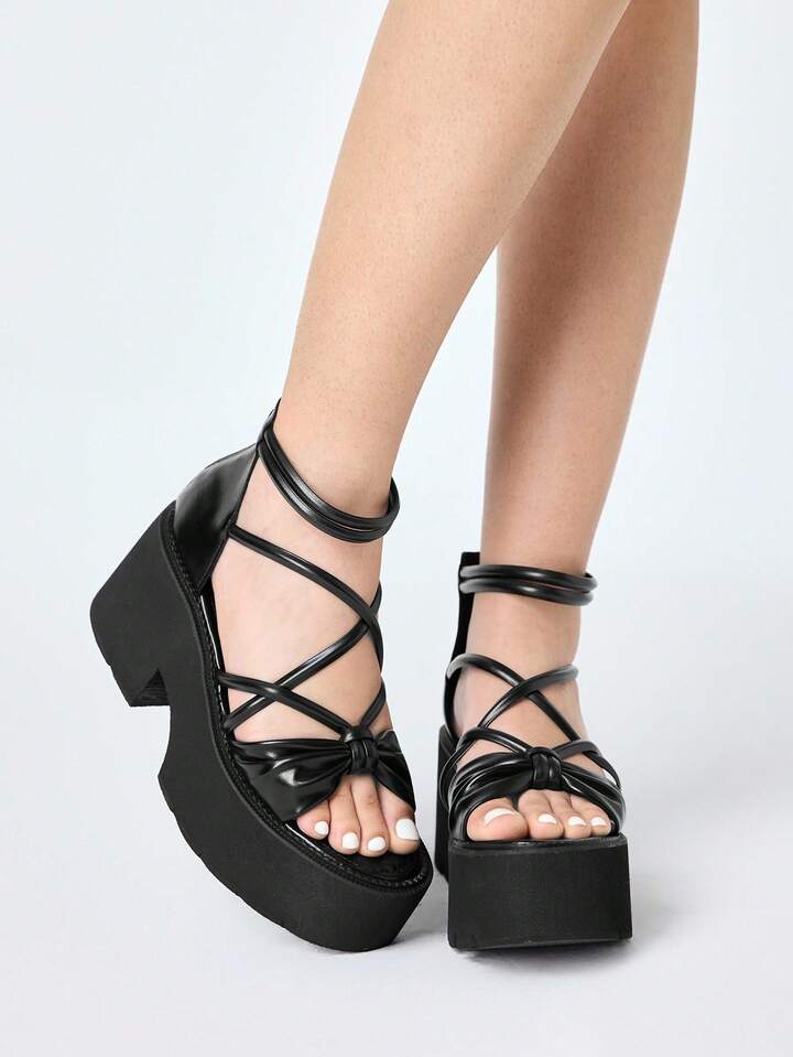 Women's Black Punk Gothic Style Platform Sandals, Retro Roman Criss-Cross Straps Peep Toe Thick Heel High Heels