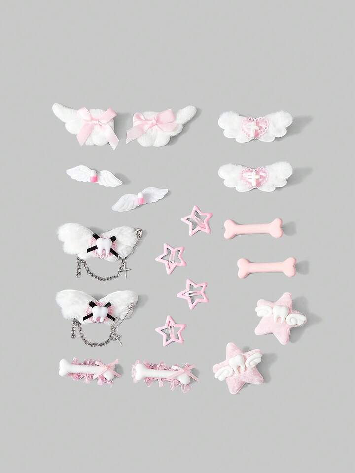 Kawaii 18 Random Styles, Cute Style Pink Hairpin, Handmade Wing Bone, Star Bow, Tooth Pill Element Combination, Small Hairpin, Lolita Plush Hair Accessories Combination.