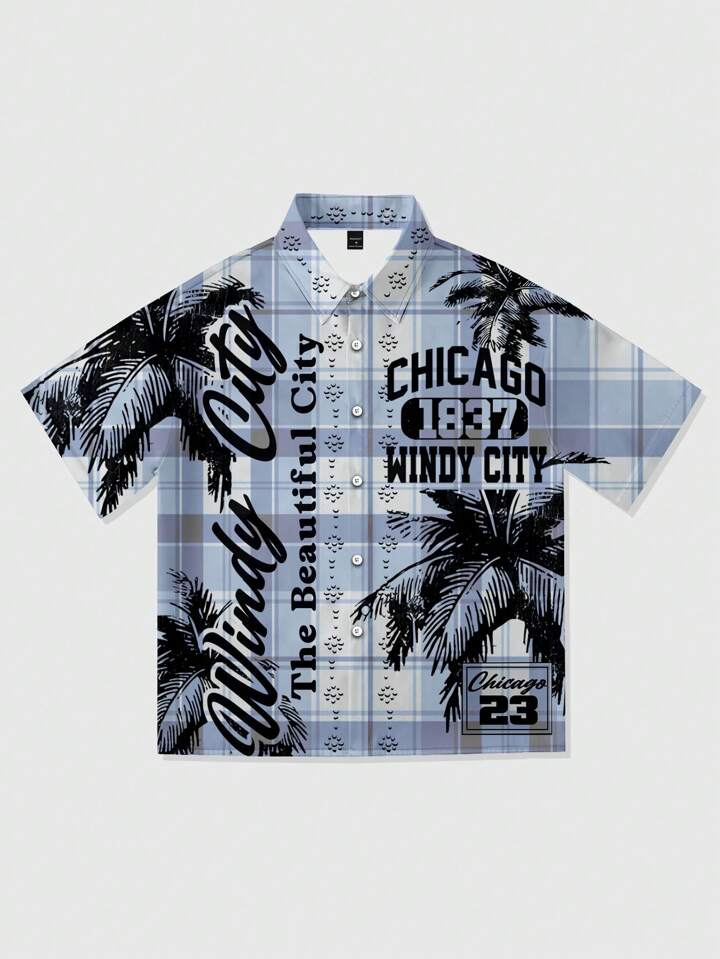 Men's Vacation Letter Grid Print Short Sleeve Single-Breasted Casual Shirt