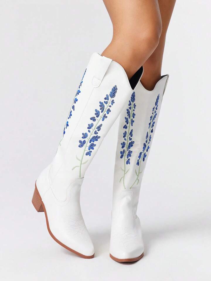 Fairycore Women's Hollow Out Floral Embroidery White Western Boots, Leather Upper Mid-Calf Boots, Spring & Autumn New Style For Christmas