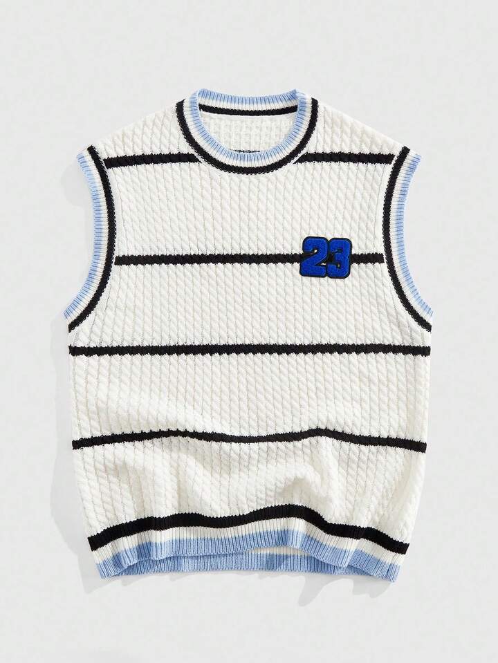 Prep Men's Casual Knitted Vest With Numeric & Striped Pattern, Autumn/Winter