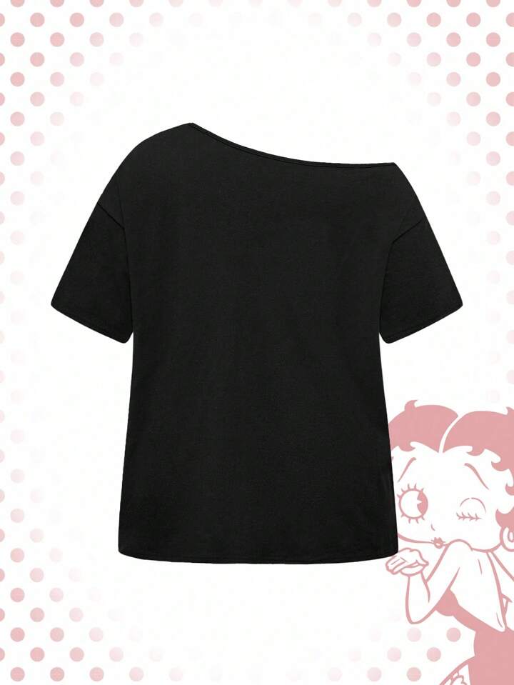 Betty Boop | ROMWE Plus Size Summer Casual Cartoon Pattern Asymmetrical Shoulder Short Sleeve T-Shirt 2 Betty Boop | ROMWE Plus Size Summer Casual Cartoon Pattern Asymmetrical Shoulder Short Sleeve T-Shirt