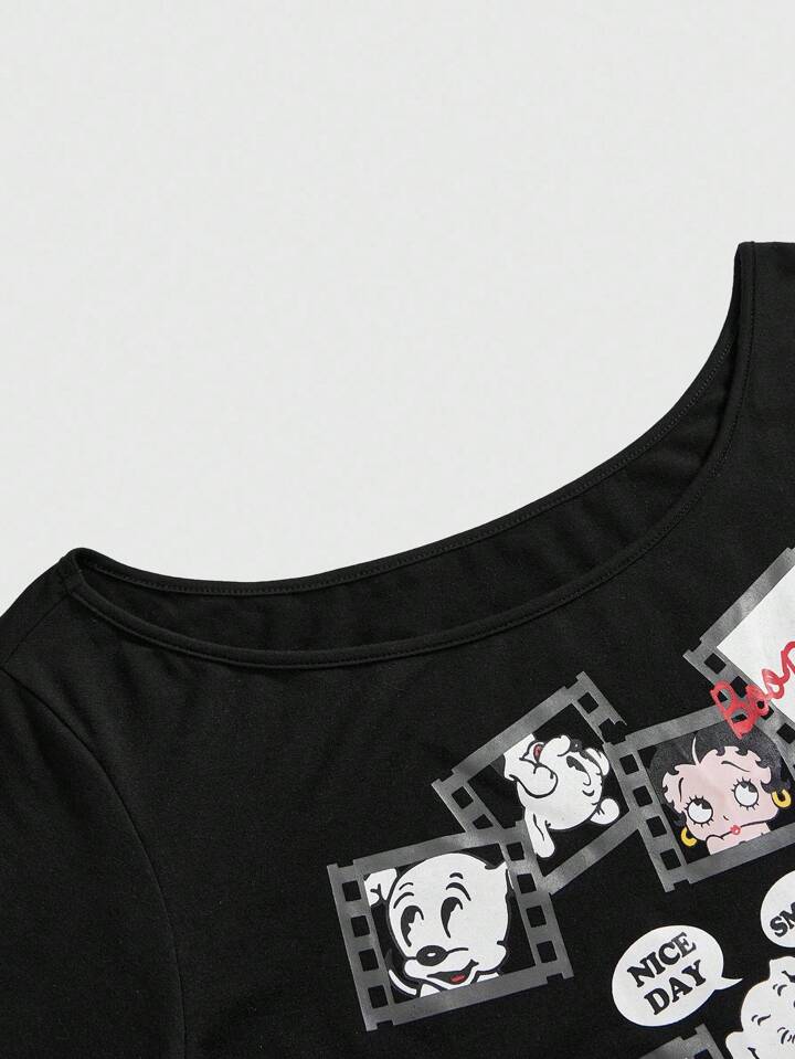 Betty Boop | ROMWE Plus Size Summer Casual Cartoon Pattern Asymmetrical Shoulder Short Sleeve T-Shirt 3 Betty Boop | ROMWE Plus Size Summer Casual Cartoon Pattern Asymmetrical Shoulder Short Sleeve T-Shirt