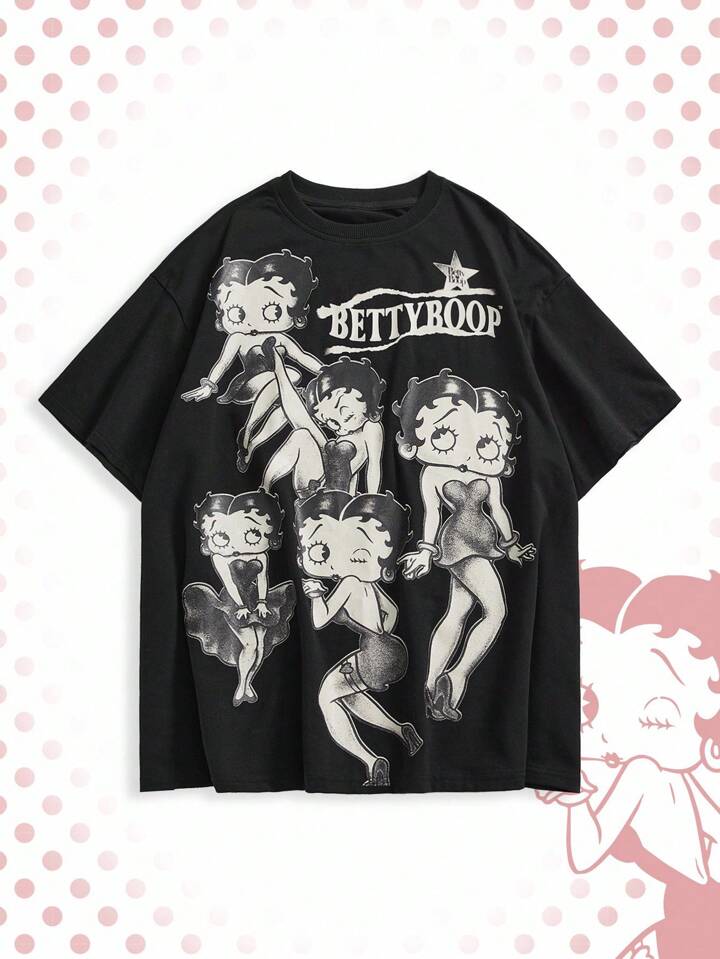Betty Boop | ROMWE Plus Size Summer Casual Cartoon Pattern Round Neck Short Sleeve T-Shirt,Back To School