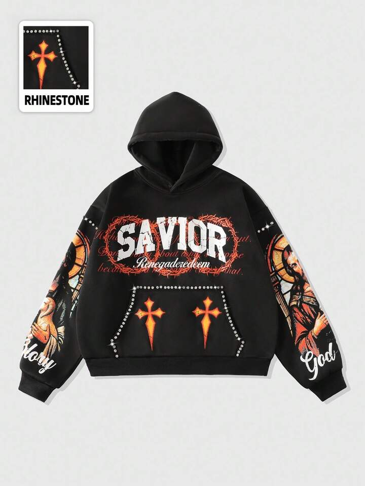 Street Life Men's Sparkling Diamond Cross Print Hoodie, Loose Cropped Style, Fall Winter