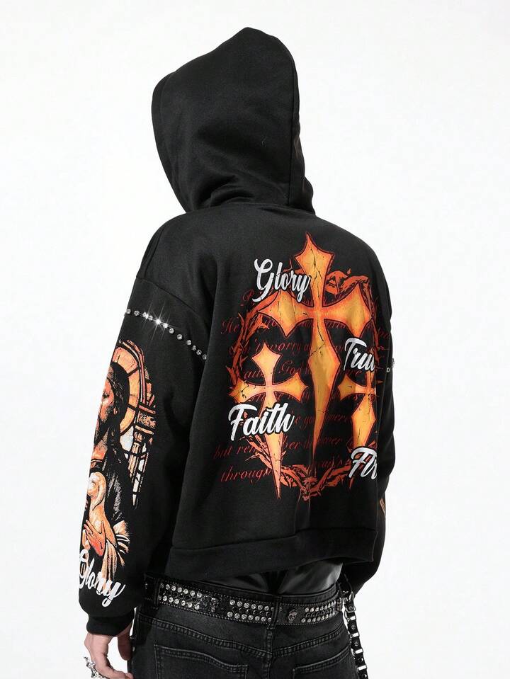 Street Life Men's Sparkling Diamond Cross Print Hoodie, Loose Cropped Style, Fall Winter 3 Street Life Men's Sparkling Diamond Cross Print Hoodie, Loose Cropped Style, Fall Winter