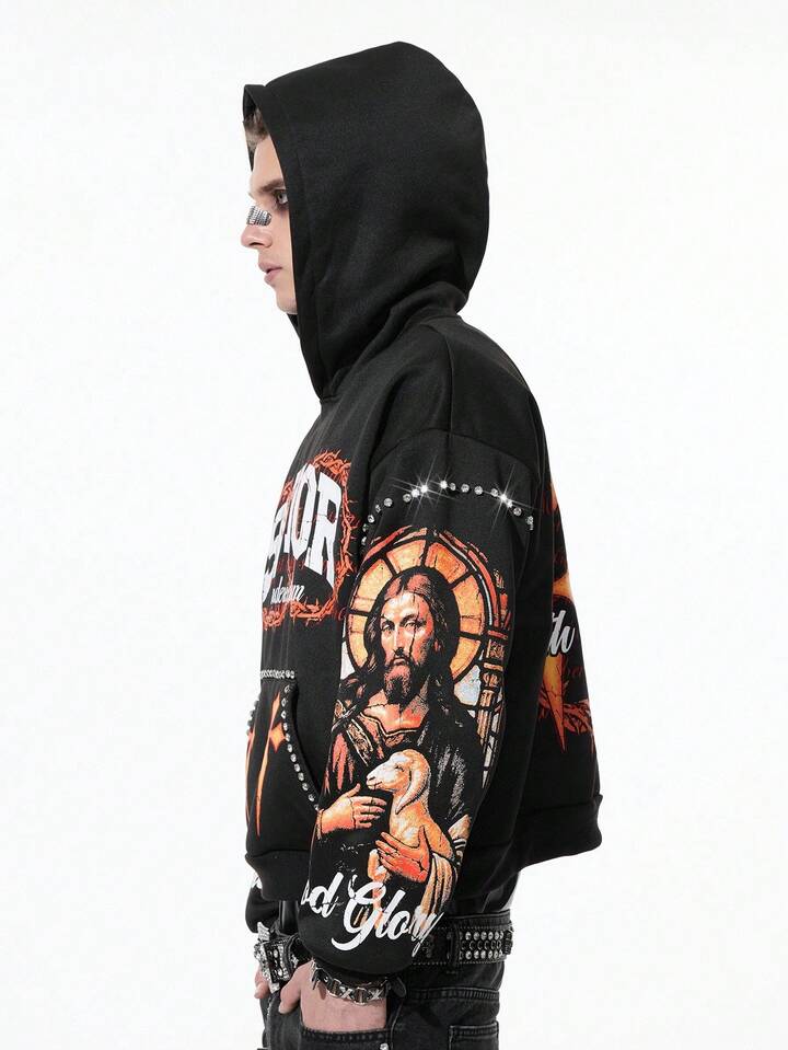 Street Life Men's Sparkling Diamond Cross Print Hoodie, Loose Cropped Style, Fall Winter 4 Street Life Men's Sparkling Diamond Cross Print Hoodie, Loose Cropped Style, Fall Winter