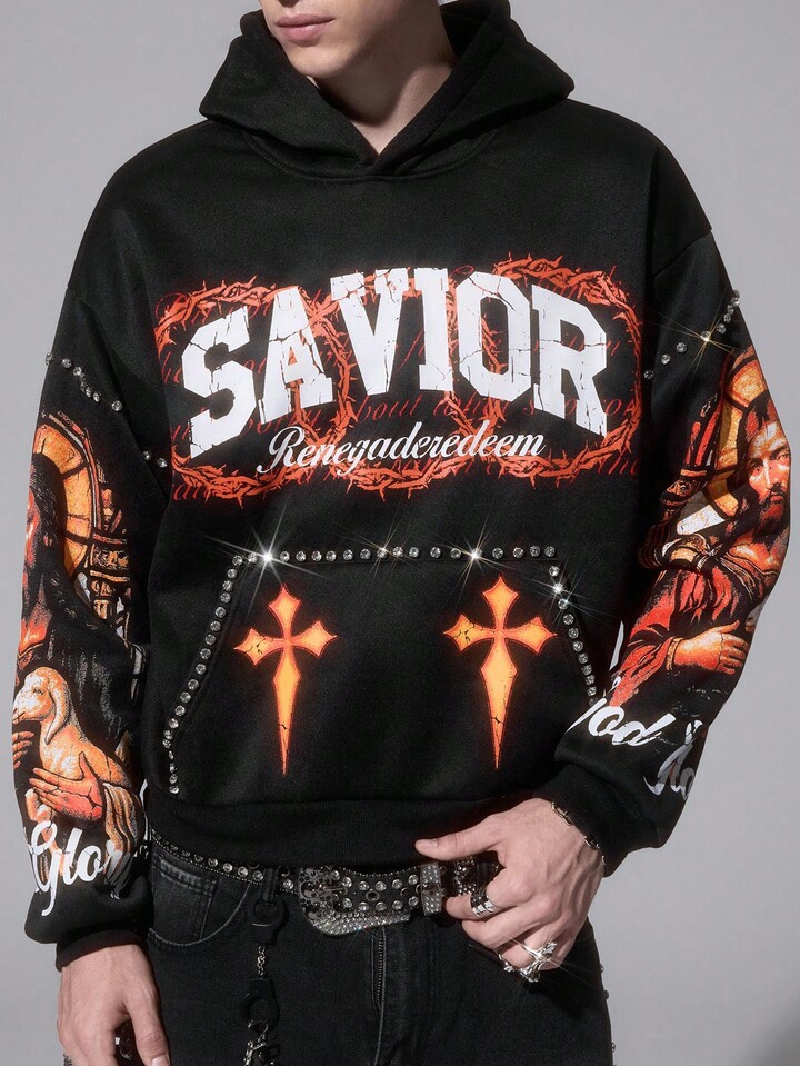 Street Life Men's Sparkling Diamond Cross Print Hoodie, Loose Cropped Style, Fall Winter 5 Street Life Men's Sparkling Diamond Cross Print Hoodie, Loose Cropped Style, Fall Winter