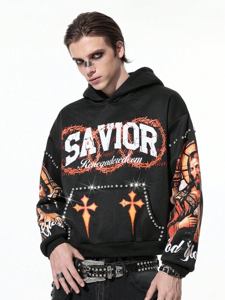 Street Life Men's Sparkling Diamond Cross Print Hoodie, Loose Cropped Style, Fall Winter 7 Street Life Men's Sparkling Diamond Cross Print Hoodie, Loose Cropped Style, Fall Winter