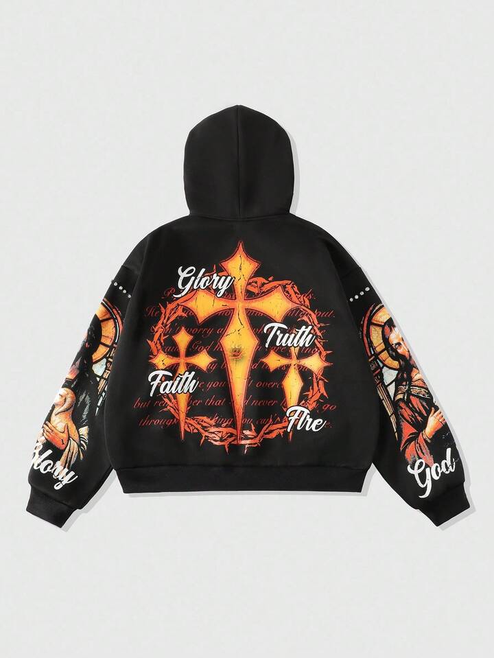 Street Life Men's Sparkling Diamond Cross Print Hoodie, Loose Cropped Style, Fall Winter 8 Street Life Men's Sparkling Diamond Cross Print Hoodie, Loose Cropped Style, Fall Winter