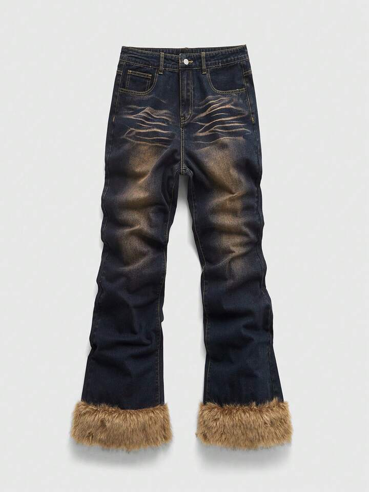 Men's Fashionable Vintage Washed Fuzzy Patchwork Denim Jeans