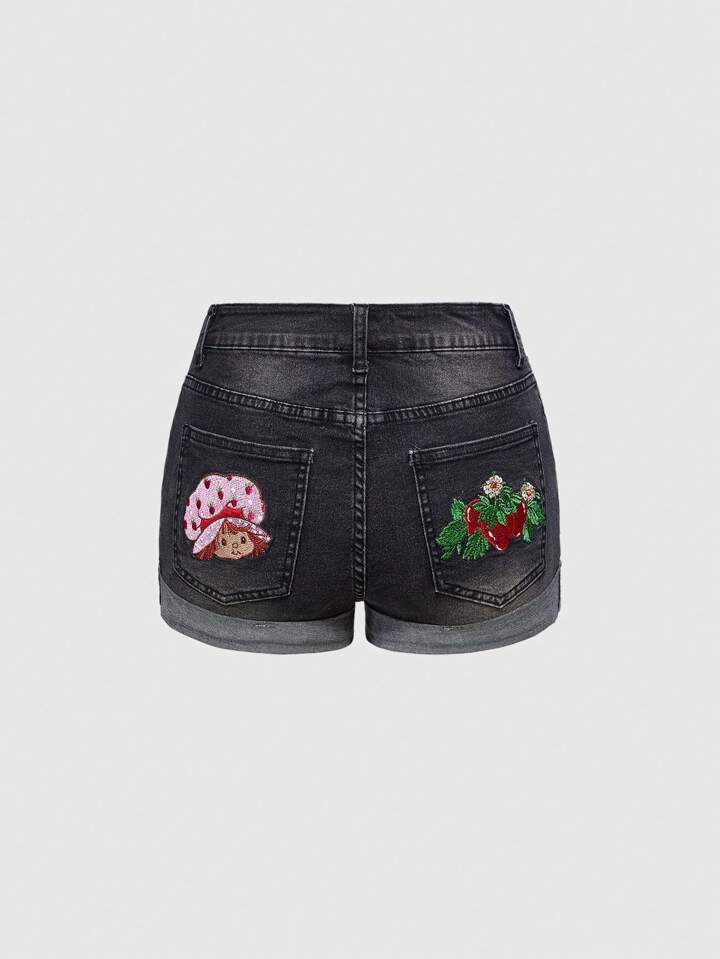 Strawberry & Cartoon Embroidered Fashion Women Denim Shorts