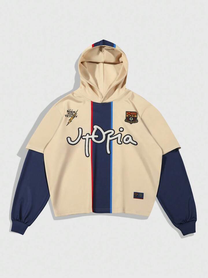 2-In-1 Letter Preppy Print Color Block Long Sleeve Hoodie Sweatshirt
