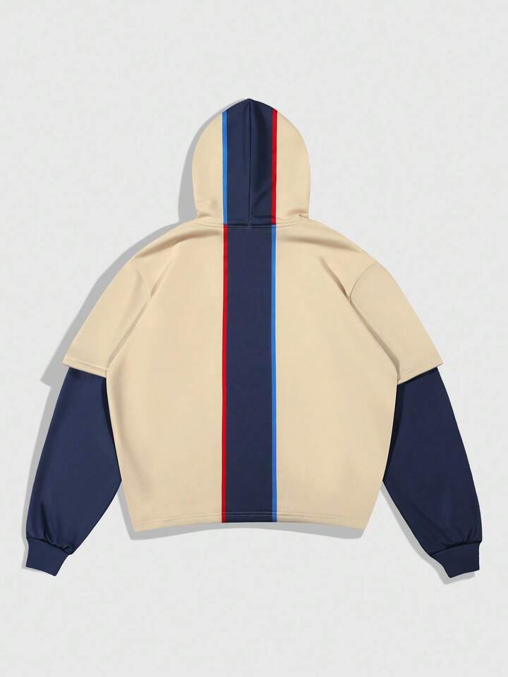 2-In-1 Letter Preppy Print Color Block Long Sleeve Hoodie Sweatshirt