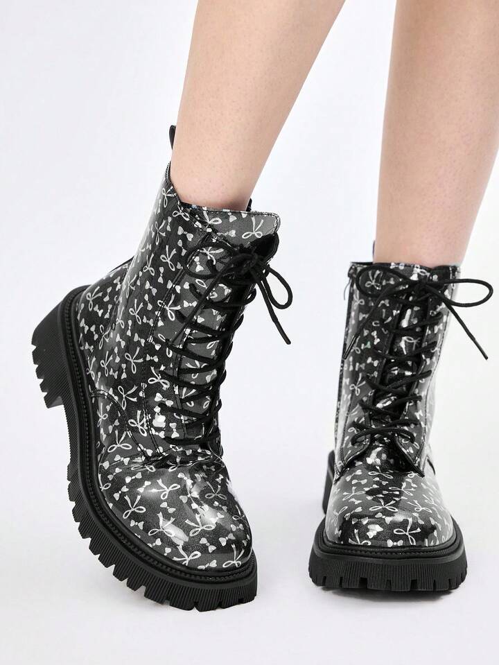 Butterfly Print Thick Sole Casual Ankle Boots, Fashion & Versatile For Autumn/Winter Valentine's Day