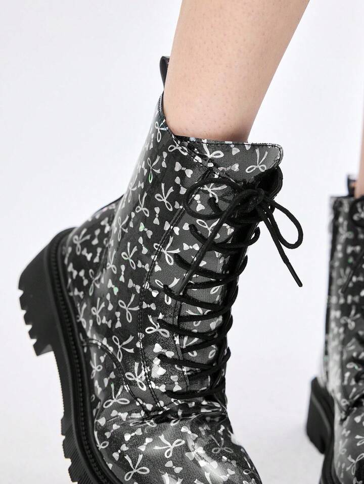 Butterfly Print Thick Sole Casual Ankle Boots, Fashion & Versatile For Autumn/Winter Valentine's Day