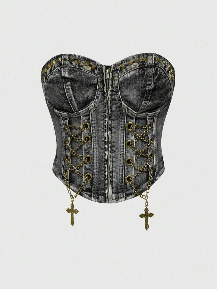ROMWE Avant Plus Size Distressed Vintage Washed Denim Halter Top With Side Metal Cross Pendant