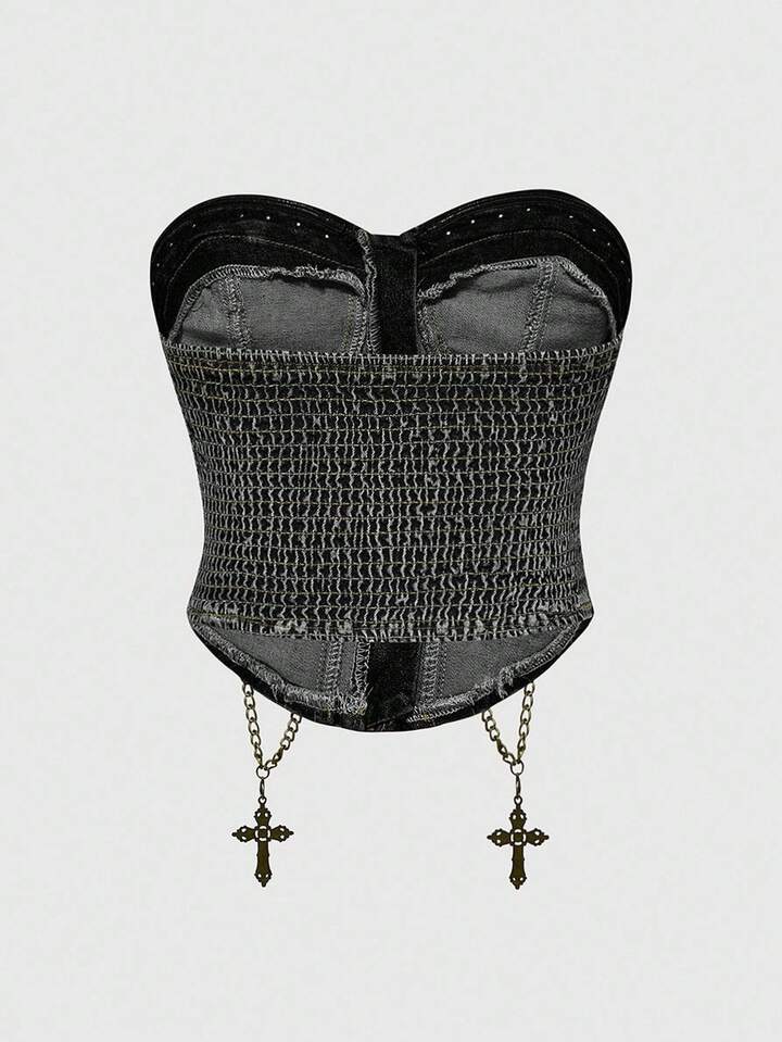 ROMWE Avant Plus Size Distressed Vintage Washed Denim Halter Top With Side Metal Cross Pendant