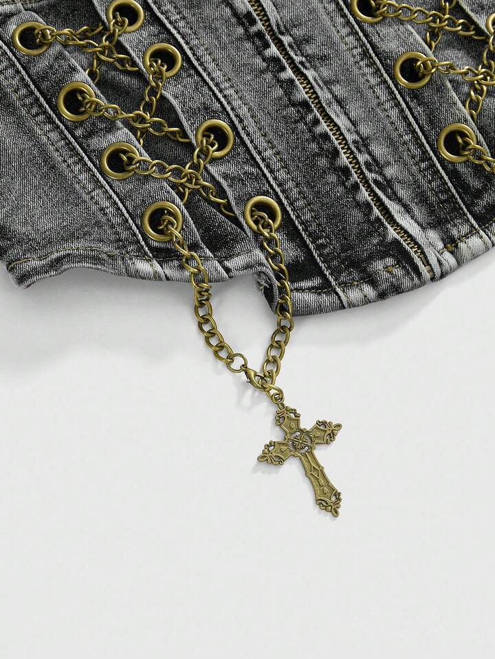 ROMWE Avant Plus Size Distressed Vintage Washed Denim Halter Top With Side Metal Cross Pendant