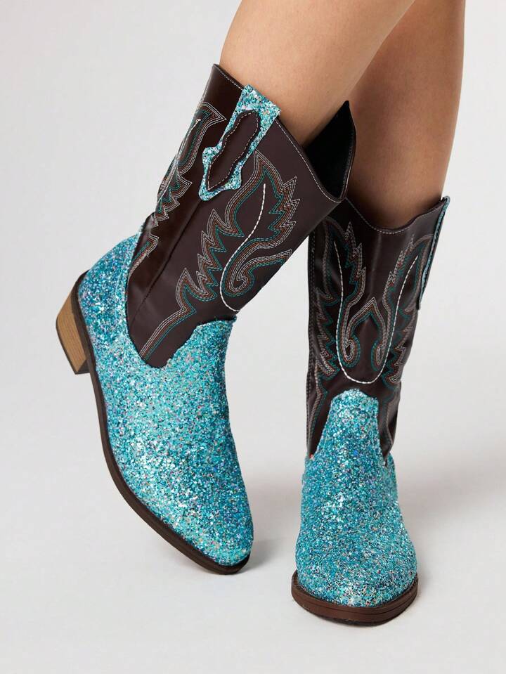 Fairycore 2025 New Fashion Embroidered Sequin Patchwork Women Round Toe Mid-Calf Boots V-Cut Long Shaft Riding Boots Chunky Heel Slim Versatile PU Tall Boots For Women
