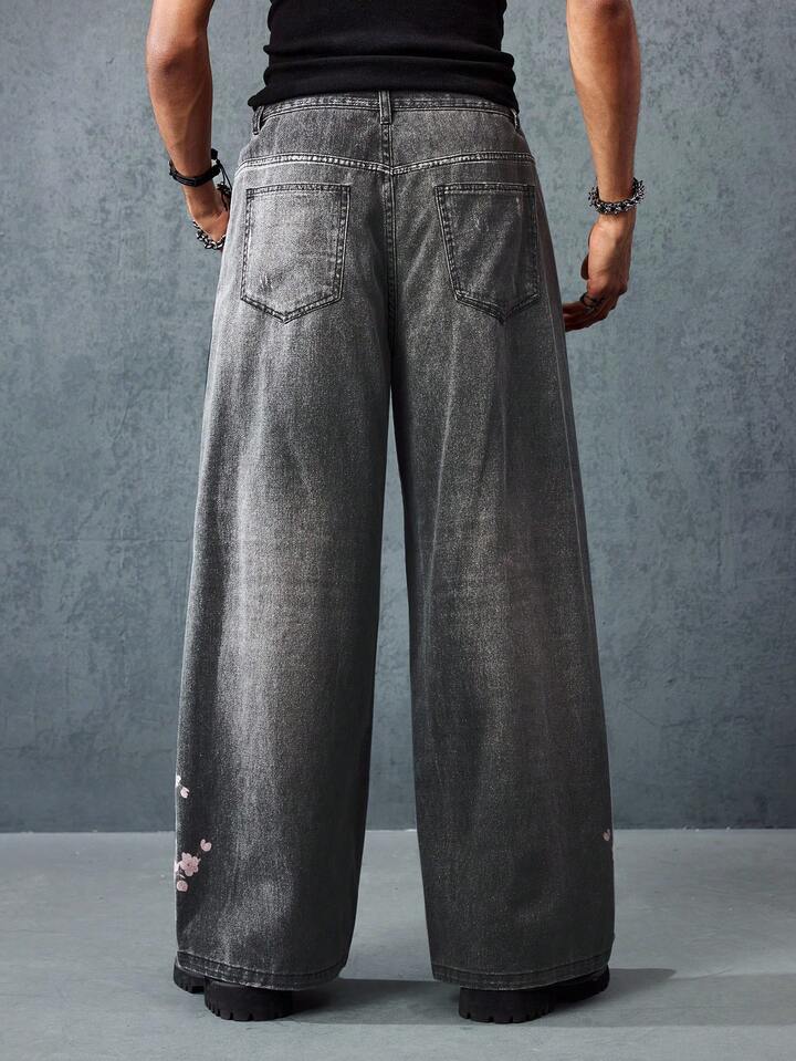 Anime Men's Casual Floral Printed Denim Jeans